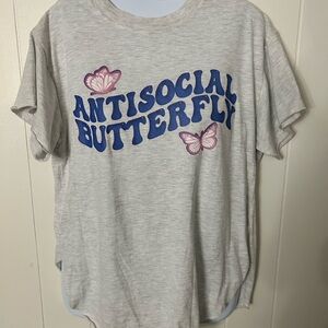 Pebby Forevee Gray Graphic Tee side slit unsocial butterfly
